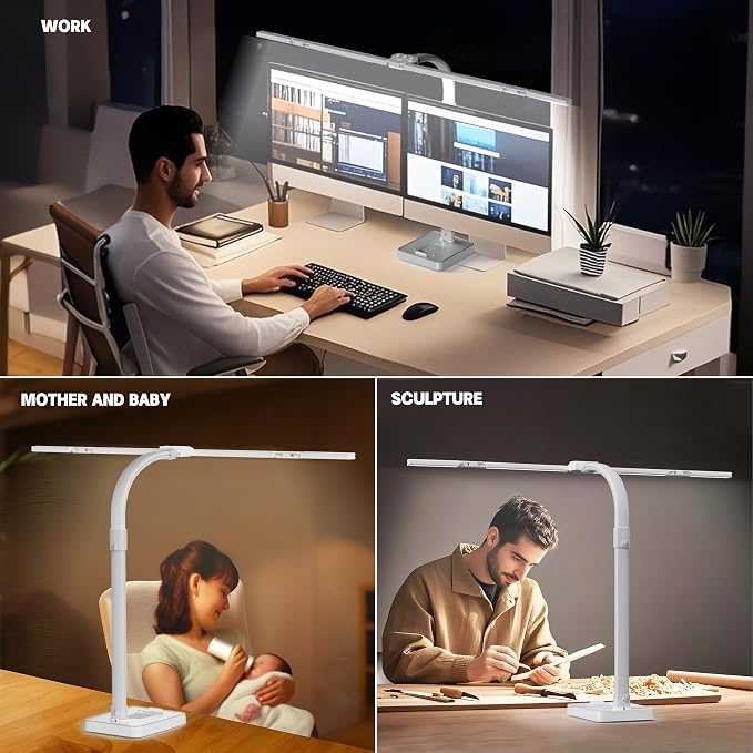 LED Desk Lamp for Home Office - 24W Bright Double Head Desk Light with Clamp Eye Caring Architect Task Light 25 Lighting Modes Adjustable Flexible Gooseneck Lamp (All White)