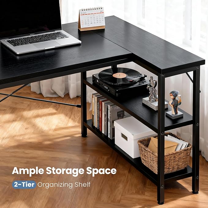 DUMOS 55 Inch L Shaped Gaming Desk Corner Computer Desks Home Office PC Table for Writing Working Study Bedroom with Reversible Storage Shelves,Black