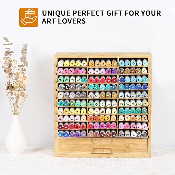 AUTOARK Bamboo Marker Organizer for 150 Markers,AHK-060 | Desktop Storage with Drawers,Art Markers Pens Pencils Brushes