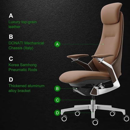 Ergonomic Executive Leather Office Chair-High Back Top Grain Leather with Adjustable Headrest, 3-Position Recline (90°-135°), Tension Control & Height Adjustment, Italian DONATI Base
