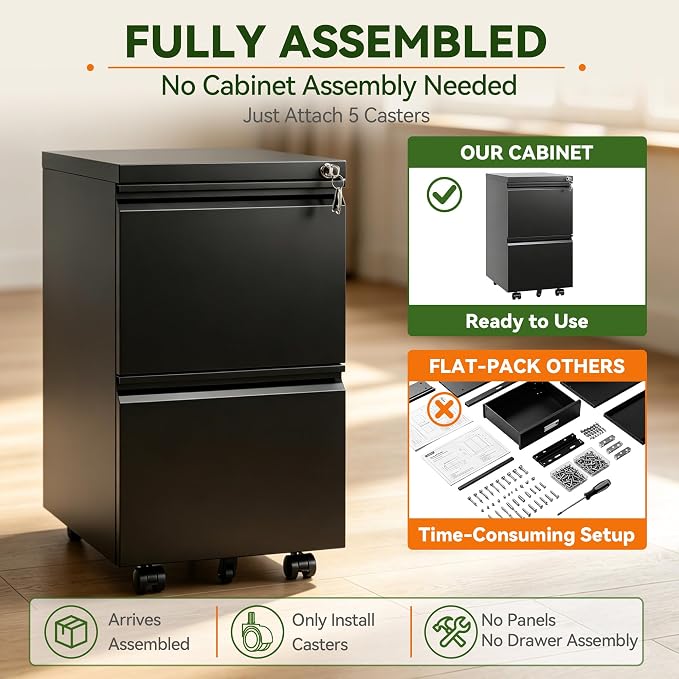SAWJEC 2 Drawer File Cabinet with Lock, Fully Assembled Rolling Metal Filing Cabinet for Home Office, Fits Letter/Legal/A4, Black, 17" D x 15" W x 26" H