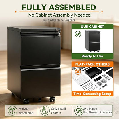 SAWJEC 2 Drawer File Cabinet with Lock, Fully Assembled Rolling Metal Filing Cabinet for Home Office, Fits Letter/Legal/A4, Black, 17" D x 15" W x 26" H