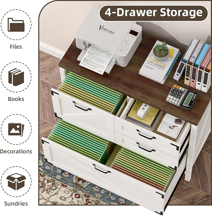 Befrases Farmhouse File Cabinet, Lateral Filing Cabinet with 4 Drawers for Letter/A4 Size Hanging Files, Large Wooden Printer Stand File Storage Cabinet for Home Office, Rustic White