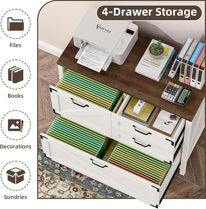 Wood Lateral File Cabinet with 4-Drawer for Hanging Files Letter/A4/Legal Size, Large Farmhouse Filing Cabinets for Home Office, Printer Stand with Office Cabinet, Office Furniture, White and Brown