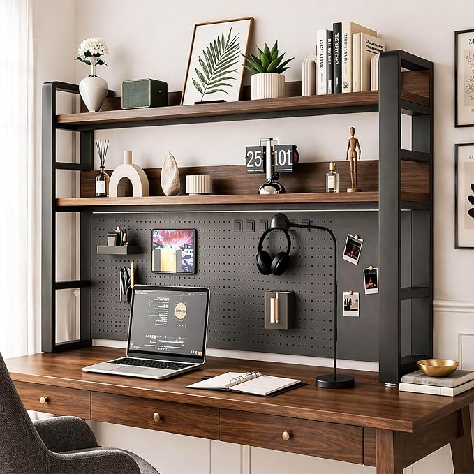 Lefedrasticity Desktop Bookshelf Organizer with Pegboard 3 Tier Desk Hutch Dorm Heavy-Duty Desk Shelf Organizer for Computer Desktop Organizer Shelf for Office Dorm Room Gaming Desks (Black, 45.3" L)