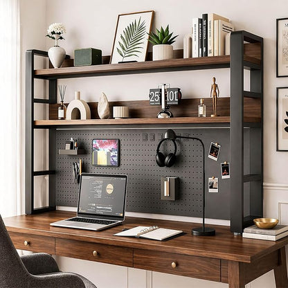 Lefedrasticity Desktop Bookshelf Organizer with Pegboard 3 Tier Desk Hutch Dorm Heavy-Duty Desk Shelf Organizer for Computer Desktop Organizer Shelf for Office Dorm Room Gaming Desks (Black, 45.3" L)