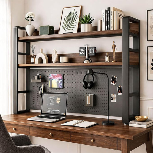 Lefedrasticity Desktop Bookshelf Organizer with Pegboard 3 Tier Desk Hutch Dorm Heavy-Duty Desk Shelf Organizer for Computer Desktop Organizer Shelf for Office Dorm Room Gaming Desks (Black, 45.3" L)