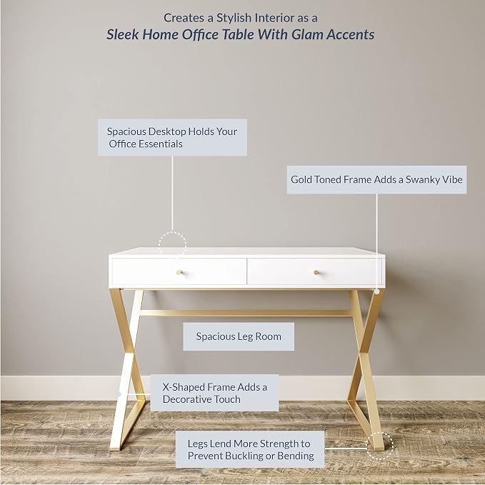BELLEZE Modern 42 Inch Makeup Vanity Dressing Table or Home Office Computer Laptop Writing Desk with Two Storage Drawers, Wood Top, and Gold Metal Frame - Ellena (White)