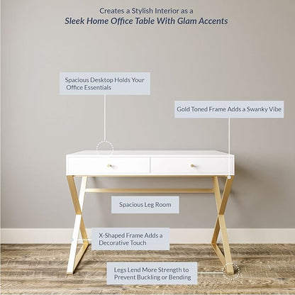 BELLEZE Modern 42 Inch Makeup Vanity Dressing Table or Home Office Computer Laptop Writing Desk with Two Storage Drawers, Wood Top, and Gold Metal Frame - Ellena (White)