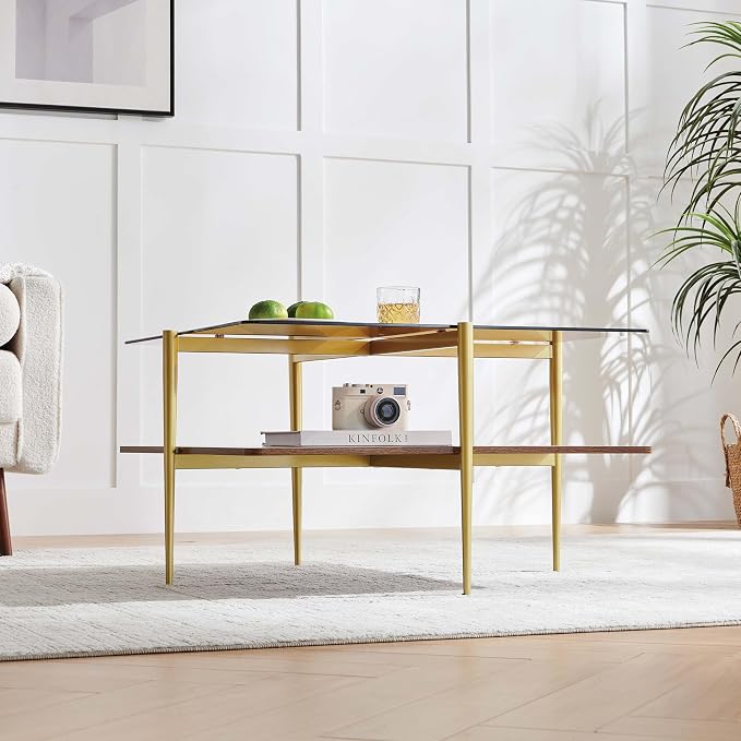 LumFurn Square Coffee Table, Mid-Century Modern Design, L30 x W30 x H17 Inch, for Living Room, 2-Tier Structure, Amber Glass Top and Walnut Wood Shelf, Sleek Conical Metal Legs with Gold Finish