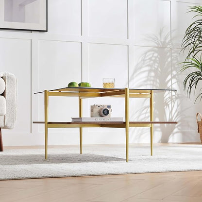LumFurn Square Coffee Table, Mid-Century Modern Design, L30 x W30 x H17 Inch, for Living Room, 2-Tier Structure, Amber Glass Top and Walnut Wood Shelf, Sleek Conical Metal Legs with Gold Finish