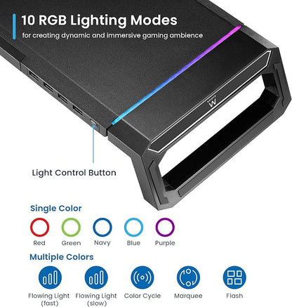 Ewent RGB Monitor Stand, Adjustable Screen Stand, Foldable with Storage Drawer, Smartphone and Tablet Holder + 4 USB 3.2Gen1 Ports, Monitor Riser for PC/Laptop/iMac, Black