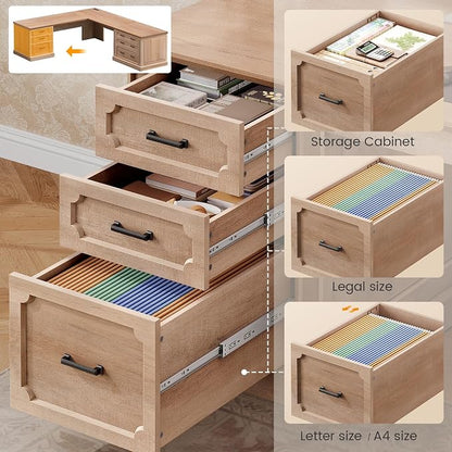 SEDETA Farmhouse 78.8" L Shaped Desk with 6 Drawers, Home Office Desk with Power Outlet, File Cabinet Storage, Wood Corner Computer Desk for Work and Study, Oak