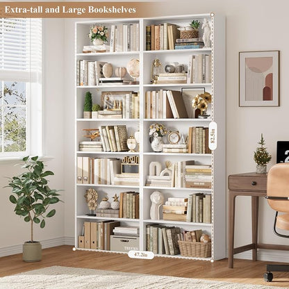 FACBOTALL 82" Tall Bookshelf Set of 2, 7-Tier Double Open Shelves Bookcase,Freestanding Display Storage Shelves, Tall Bookcase Home Decor Furniture for Home Office,Living Room,Bedroom, White