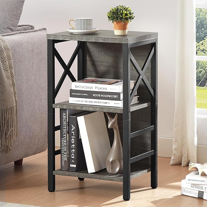 MNEETRUNG Small Bookcase,3 Tier Industrial Bookshelf with Metal Frame and Backboard,Low Grey Book Shelf,Book case for Small Spaces,Living Room,Bedroom and Home Office