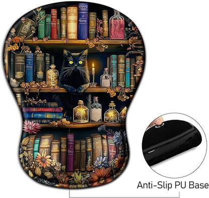 Cat Mouse Pad with Wrist Rest Cute Ergonomic Mousepad Middle Concave Office | Book Wrist Support for Women, Desk Accessories, Gaming, Work, Home, Non-Slip PU Base, for Wireless Mouse Computer Laptop