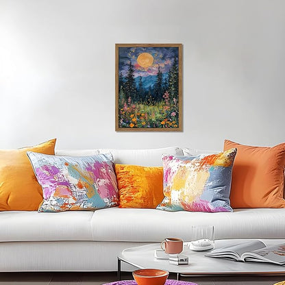Framed Nature Forest Canvas Wall Art, Full Moon above Wildflowers and Woodland Painting, Midnight Floral Trees Art Print, Farmhouse Nature Wall Decor for Bedroom Living Room 8x10 inch