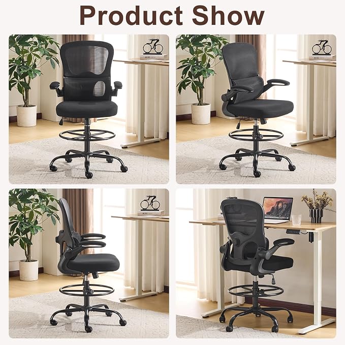 Karl home Ergonomic Drafting Chair, Black | Lumbar Support, Flip-Up Armrests, Adjustable Height Footrest Ring, Breathable Mesh, Tall Swivel