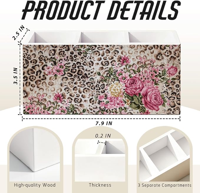 Vintage Leopard Print Floral Pen Pencil Holder for Desk, Leopard Gifts for Women, Cheetah Room Decor Wooden Box Sign Decorations for Home Office Girls Room Bedroom Desk Tabletop