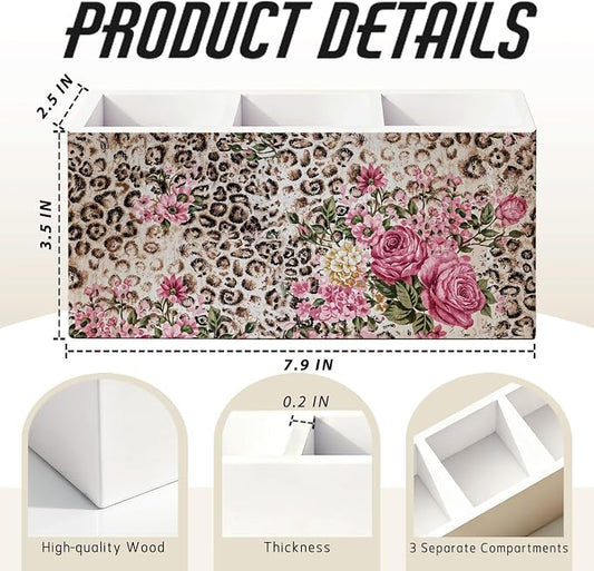 Vintage Leopard Print Floral Pen Pencil Holder for Desk, Leopard Gifts for Women, Cheetah Room Decor Wooden Box Sign Decorations for Home Office Girls Room Bedroom Desk Tabletop