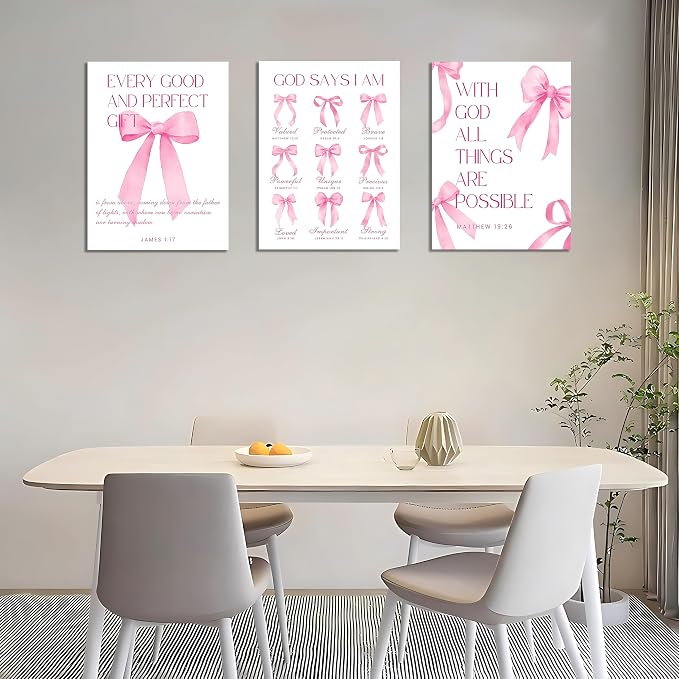 Coquette Pink Bow Wall Art Decor Canvas Posters Framed, Inspirational Bible Verses Bow Wall Decor,Room Bedroom Bathroom Decor Aesthetic for Teen Girls Gifts, 12x16 Inch Set of 3 Bow Pictures