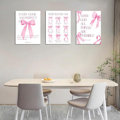 Coquette Pink Bow Wall Art Decor Canvas Posters Framed, Inspirational Bible Verses Bow Wall Decor,Room Bedroom Bathroom Decor Aesthetic for Teen Girls Gifts, 12x16 Inch Set of 3 Bow Pictures