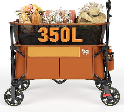 Timber Ridge Collapsible Folding Wagon 350L Extra Large with Brake, Heavy Duty Camping Utility Cart Outdoor, Extended Height Adjustable Handle, Cup Holders, Side Bag, Orange