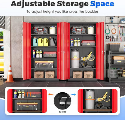 INTERGREAT Metal Garage Storage Cabinet with Lock, 72" Storage Cabinet with Locking Doors and 4 Adjustable Shelves, Lockable Steel Tool Cabinet for Home Office, School, Black Red