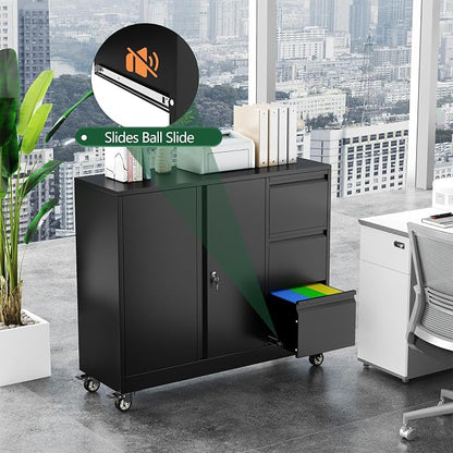 winiowa Mobile 3-Drawer File Cabinet with Wheel, Metal Lateral Rolling Printer Stand Filing Cabinets with Lock, Office Storage Cabinet for Office, Home, Garage, School, Gym-Black