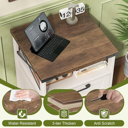 Farmhouse Filing Cabinet with Open Storage Space & Wheels, Office Filing Vertical Cabinet with 2 Drawers, Printer Stand for Hanging Files Letter/A4, Under Desk Storage Cabinets for Home Office. White