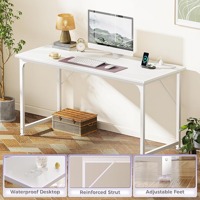 PRAISUN 55 X 20 Inch Office Computer Desk with Power Outlets and USB-C Port, Larger and Longer Gaming Desk, for Home Office, Study, Bedroom, Writing Work from Home Table, Metal Frame, White