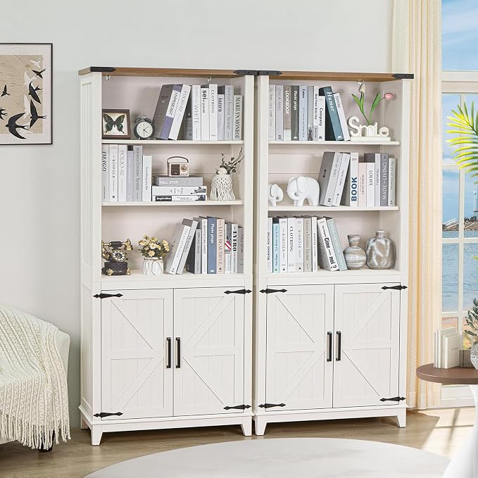 Joaxswe 5 Tier Bookshelf 70in Tall Bookcase with Barn Doors and Storage Cabinet, White Farmhouse Book Shelf with Adjustable Shelves, Wood Freestanding Display Bookshelves for Bedroom, Kitchen (2PCS)