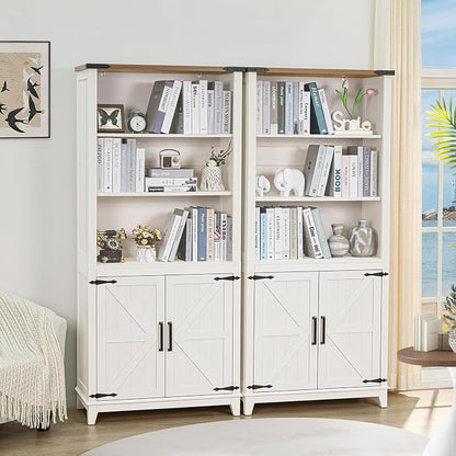 Joaxswe 5 Tier Bookshelf 70in Tall Bookcase with Barn Doors and Storage Cabinet, White Farmhouse Book Shelf with Adjustable Shelves, Wood Freestanding Display Bookshelves for Bedroom, Kitchen (2PCS)