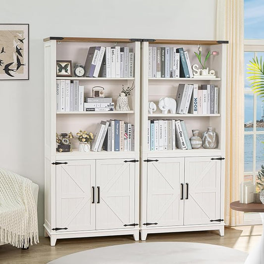 Joaxswe 5 Tier Bookshelf 70in Tall Bookcase with Barn Doors and Storage Cabinet, White Farmhouse Book Shelf with Adjustable Shelves, Wood Freestanding Display Bookshelves for Bedroom, Kitchen (2PCS)