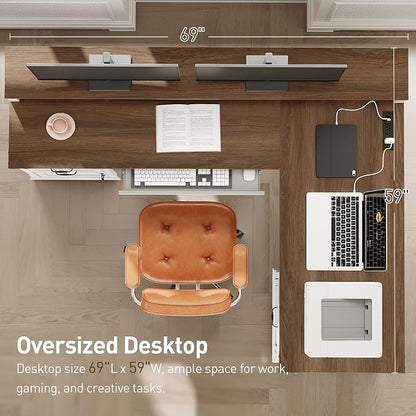 RALGEND Farmhouse 69" Executive L Shaped Desk with Drawer, Home Office Desk with Charging Station, Corner Computer Desk with Monitor Stand, File Drawer, Storage Cabinet, White and Walnut