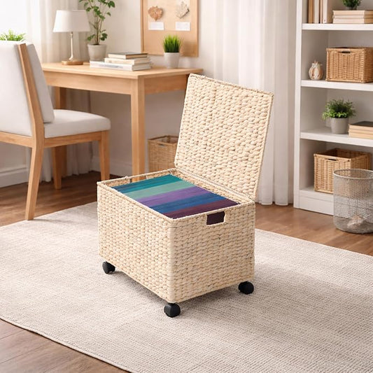 Casafield Rolling Filing Cabinet, Whitewash - Water Hyacinth File Organizer with Lid and Locking Wheels, Home Office Storage for Hanging Folders