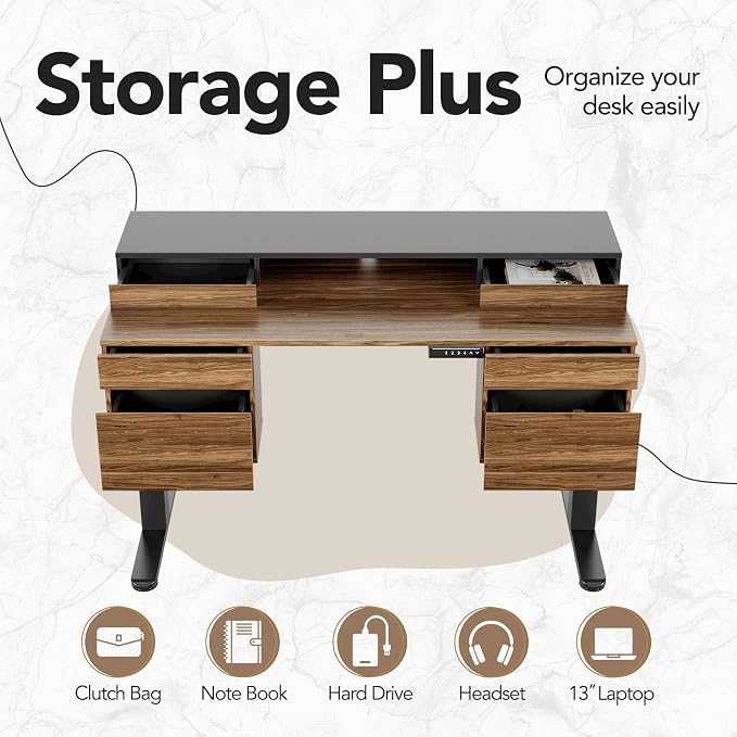 HUANUO Electric Standing Desk with 6 Drawers, 55 Inch Height Adjustable Stand Up Desk with Storage, Computer Workstation Compatible with Monitor Stand for Home Office, Black Walnut