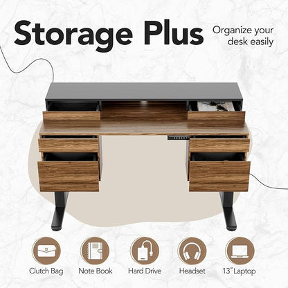 HUANUO Electric Standing Desk with 6 Drawers, 55 Inch Height Adjustable Stand Up Desk with Storage, Computer Workstation Compatible with Monitor Stand for Home Office, Black Walnut