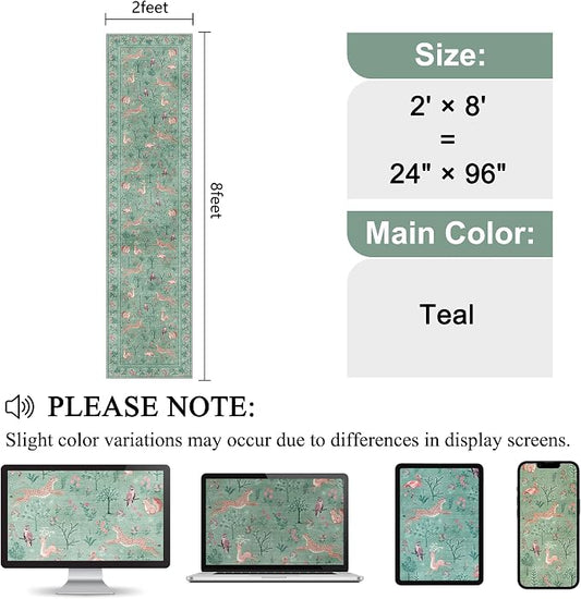 DUKINO Runner Rug, 2x8 Washable Kitchen Rugs for Hallways with Non Slip Backing, Soft Low Pile Vintage Animal Runner for Kitchen, Hallway, Entryway, Laundry, Bedroom, Teal