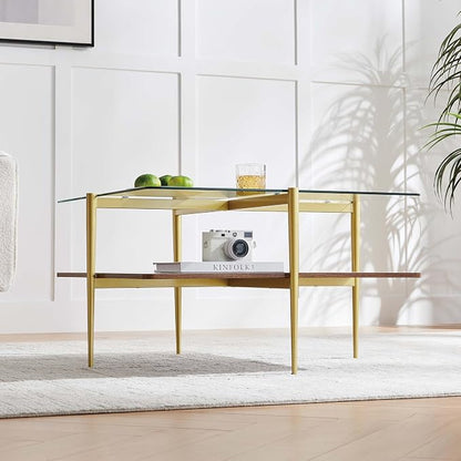 LumFurn X-Large Square Glass Coffee Table, Mid-Century Modern Design, L30 x W30 x H17 inch, for Living Room, Clear Glass Top and Walnut Finish Wood Shelf, Conical Legs with Gold Finish Frame