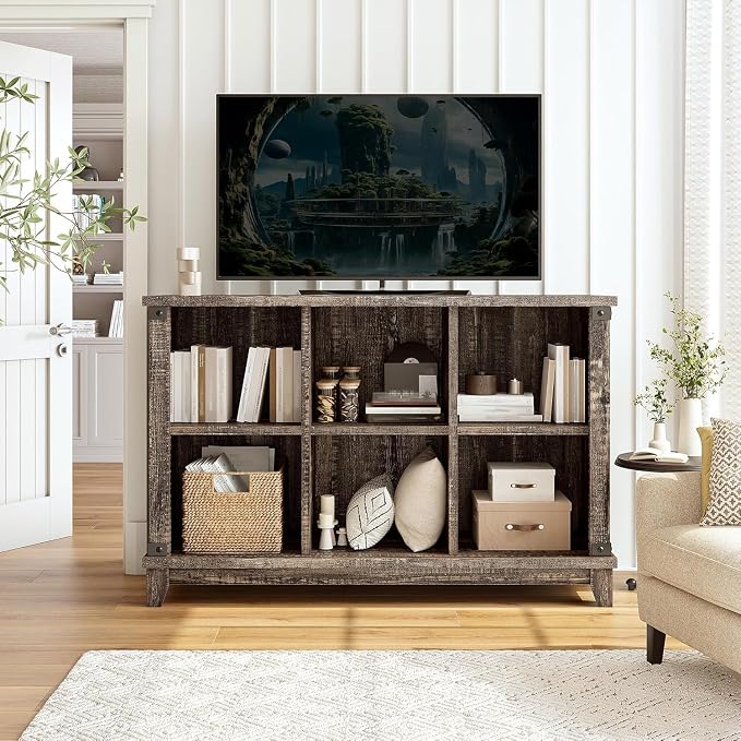 EnHomee 6 Cube Storage Organizer Bookshelf, Wood Cube Shelf Bookcase with Storage, Bookshelf for Living Room and Bedroom,Black Oak