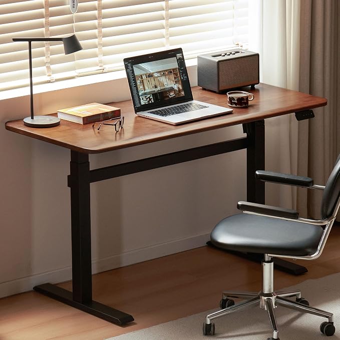 100% Solid Rubber Wood Electric Standing Desk, Walnut Finish Sit Stand Height Adjustable Desk with Cable Organizer,Ergonomic Computer Desk for Home Office Study Room 55.11" W