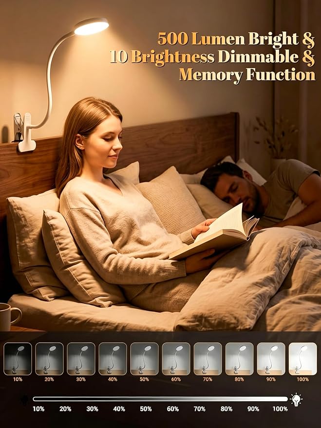 Clip on Lamp,10 RGB Colors+10 Brightness Clamp Light, 500 Lumen Bright Desk Lamp with Clamp, 72 LED Desk Light with USB Adapter, Clip on Reading Light for Bed/Headboard/Bedside Table/Bedroom/Dorm