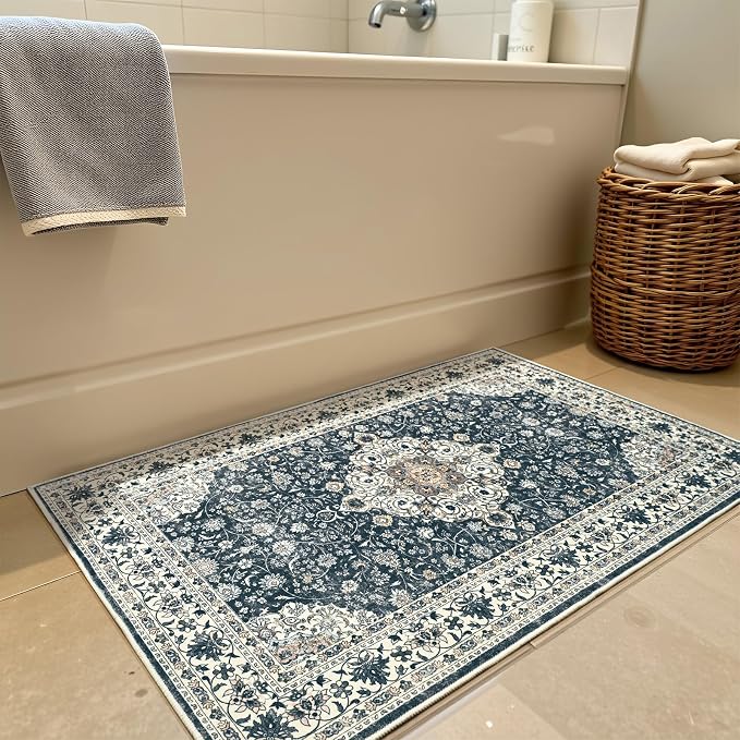 Goideal Washable Rug 2x3, Vintage Area Rugs Non Slip, Indoor Low Pile Carpet with Rubber Backing for Kitchen Bathroom Entryway Office Bedroom,Black & White