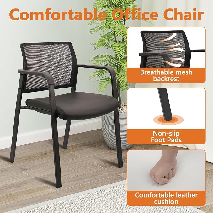 CLATINA Stackable Office Chair, Mesh Back Guest Chairs with Comfortable Leather Seat Arms Stacking Ergonomic Desk Chair No Wheels for Conference Waiting Reception School Stationary, Black, Set of 8