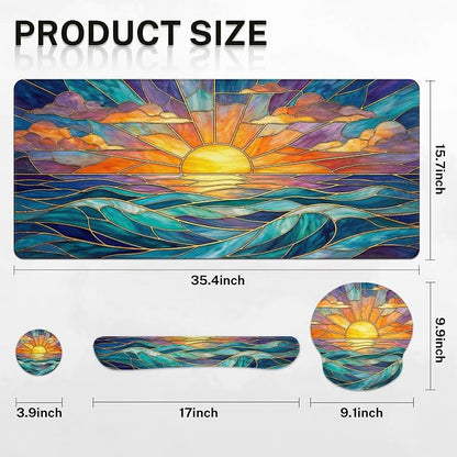 Britimes Gold Sun Ocean Keyboard Mouse Pad Set Boho Colorful 4in1 Large Mousepad+Keyboard Wrist Rest+Mouse Wrist Rest+Coaster Ergonomic Design for Home Office Computer 35.4x15.7 inches