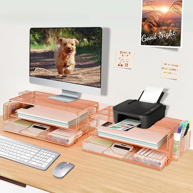 AUPSEN Computer Monitor Stands Riser，2-Tier Desk Organizers and Accessories, Office Desk Accessories Organizer with Drawers and 2 Pen Holder for Office Supplies (Rose Gold)