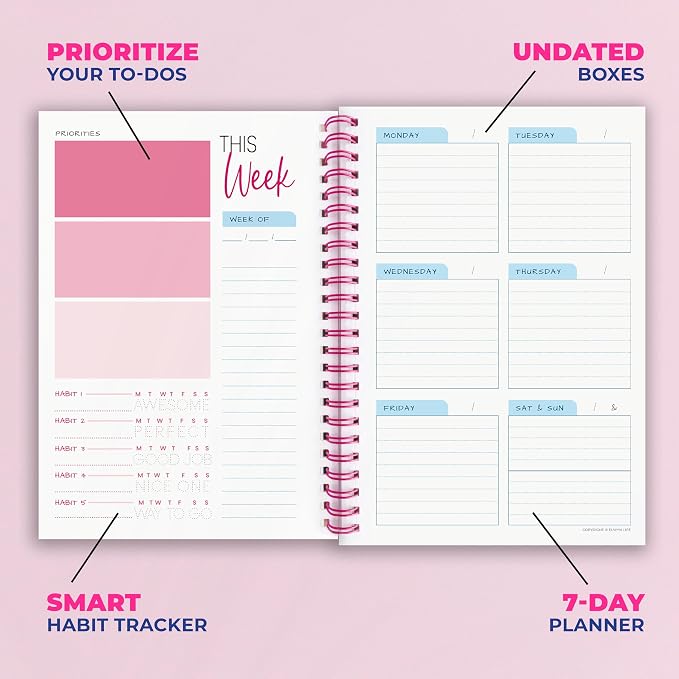 Weekly Planner Spiral Bound Notebook A5 - Undated Planner - To Do List Notebook - Habit Tracker - 52 Weeks - Daily Planner Undated for Home Work Office Business - Goal Planner - Cute Planner - Pink