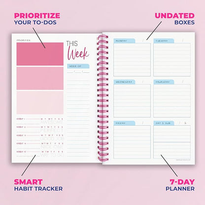 Weekly Planner Spiral Bound Notebook A5 - Undated Planner - To Do List Notebook - Habit Tracker - 52 Weeks - Daily Planner Undated for Home Work Office Business - Goal Planner - Cute Planner - Pink