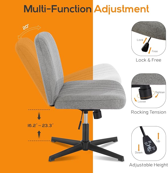 DUMOS Criss Cross Chair No Wheels Legged Office Wide Comfy Desk Vanity Chair, Armless Computer Task Seating, Swivel Home Height Adjustable for Bedroom, Study, Grey Fabric